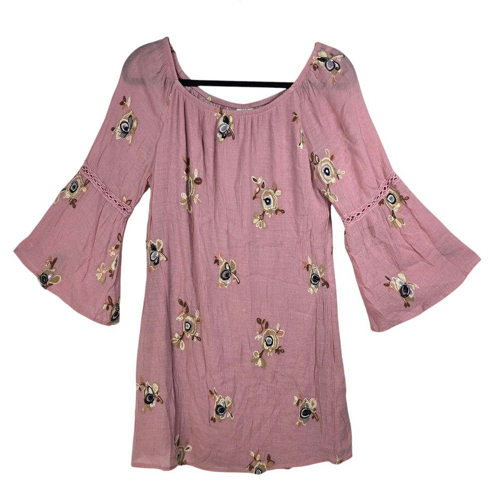 Fig and Flower Mini Dress Woman Medium Pink Floral Embroidered Boho Bell Sleeve